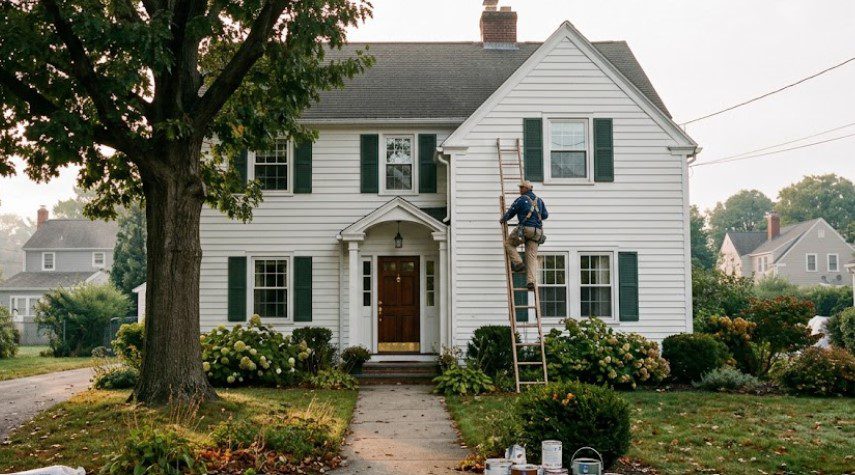 Painter on ladder starting exterior paint job on white colonial house in Richmond VA neighborhood with paint cans on sidewalk