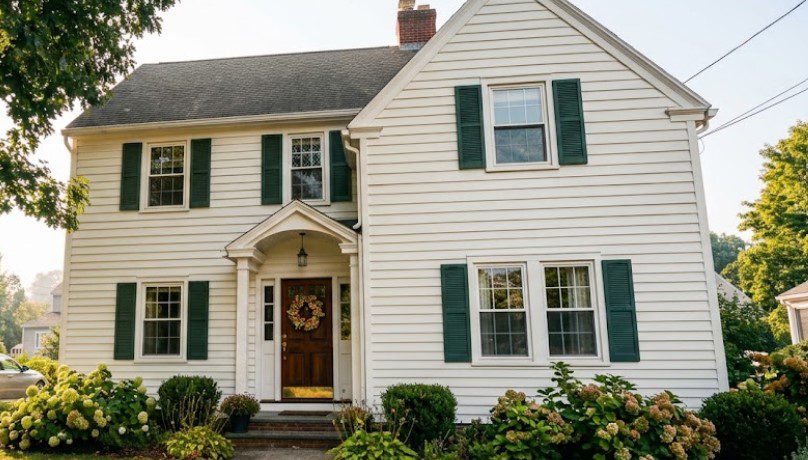 Finished white colonial house exterior in Richmond VA after proper paint drying and curing with wreath on door and landscaping