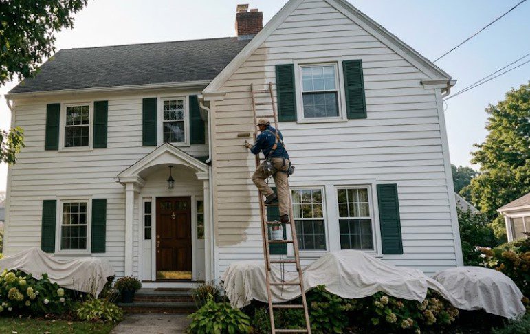 Painter applying second coat of exterior paint to white siding on Richmond VA colonial house with drop cloths covering shrubs and landscaping