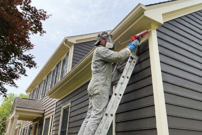 Painter on a ladder caulking the joint where the soffit trim meets the corner board on a house with dark gray siding and cream trim