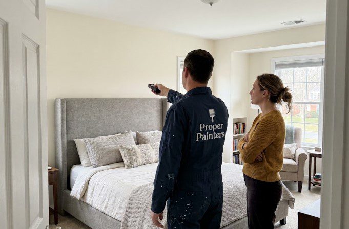 Proper Painters crew member using a laser measure in a bedroom while the homeowner looks on