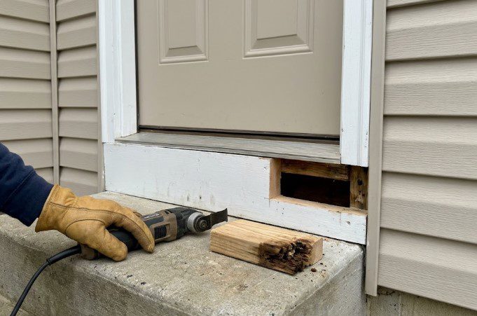 Rotted section of a door sill trim cut out with an oscillating tool, with the decayed piece of wood set on the step beside it