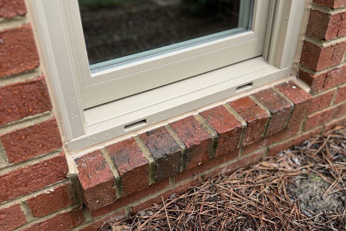 Window set in a brick wall with two weep slots in the bottom of the frame left open, beaded with rain
